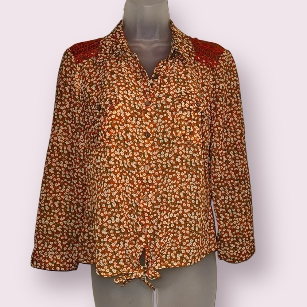Cowgirl Floral Button Front Blouse Orange Western Top M